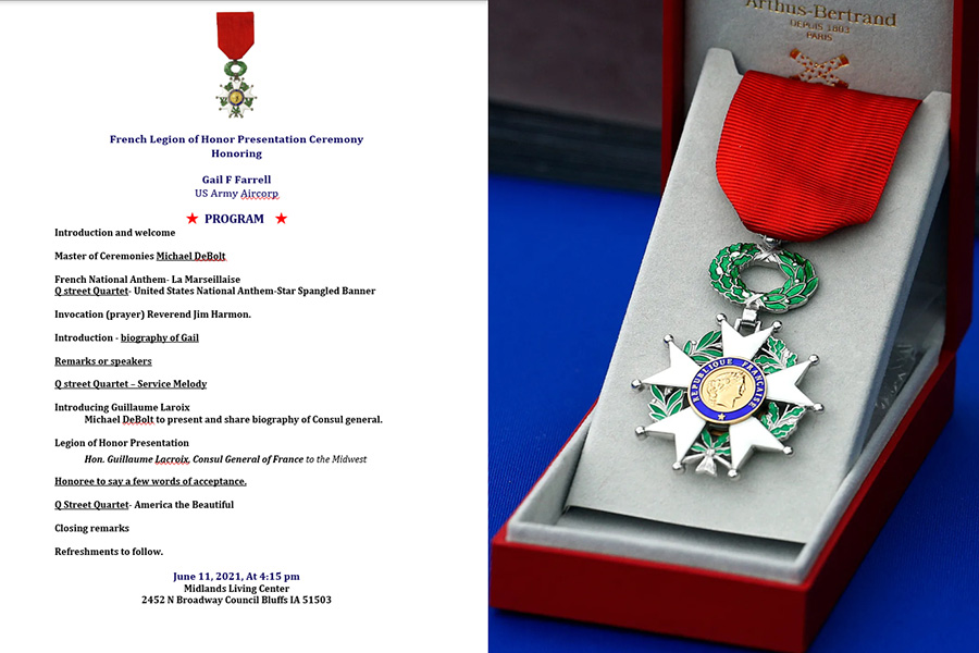 Program from service presenting the French Legion of Honor to Ferrell in June of 2021.